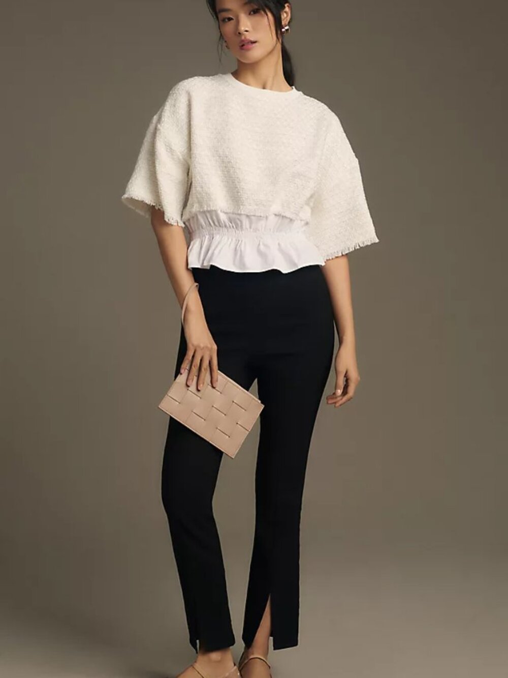 MAEVE by ANTHROPOLOGIE | White Tweed Ruffle Twofer Coquette Boho Blouse | Size L